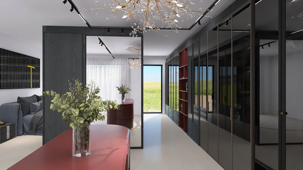 Render 3D di una cabina armadio con isola rossa, ante in vetro scuro e vista sul giardino
