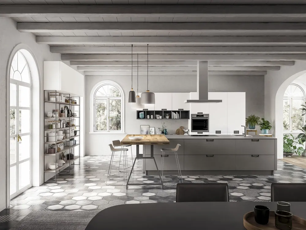 Render 3D di una cucina con travi a vista, finestre ad arco e pavimento a esagoni