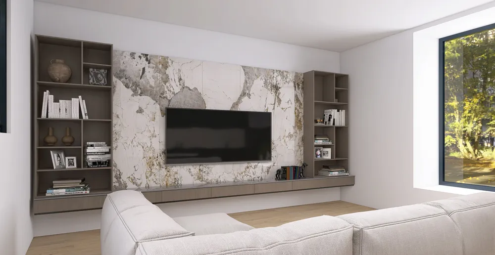 Render 3D di un soggiorno con parete in marmo, librerie e divano bianco