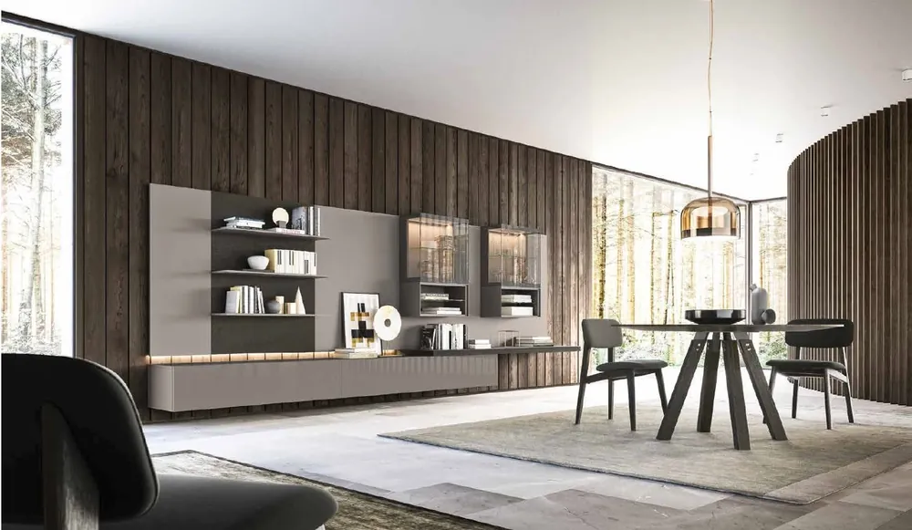 Render 3D di una zona pranzo con parete a doghe in legno e tavolo rotondo