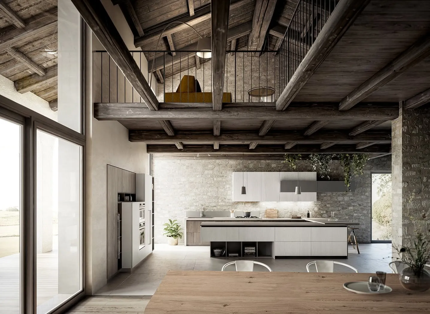 Render 3D di un open space con travi in legno, cucina bianca e grandi vetrate