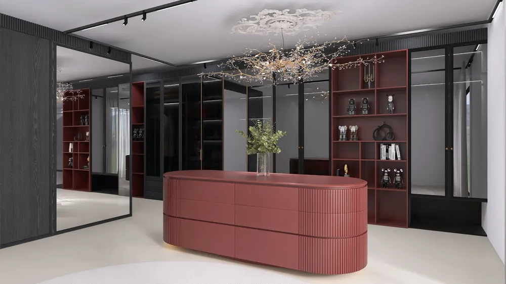Render 3D di una cabina armadio con isola rossa, ante in vetro scuro e lampadario a rami