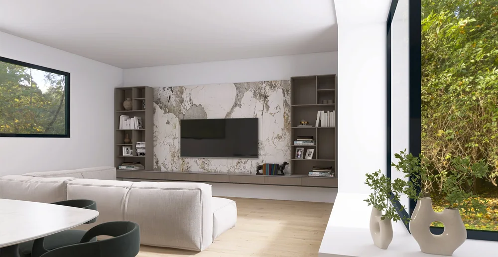 Render 3D di un soggiorno con parete in marmo, tavolo da pranzo e finestra sul giardino
