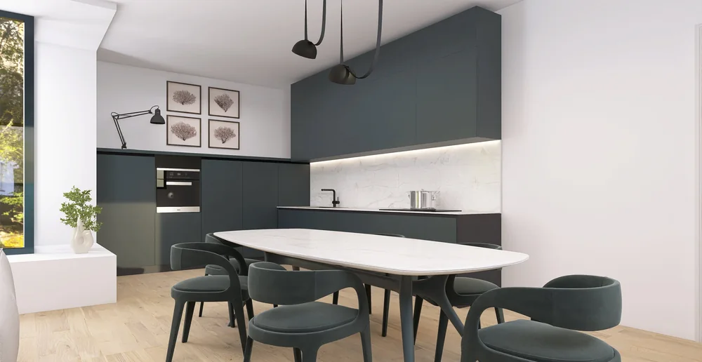 Render 3D di una zona pranzo con tavolo ovale, sedie verde petrolio e cucina blu