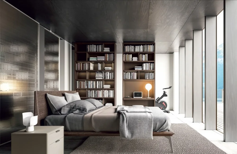 Render 3D di una camera da letto con libreria a parete e grandi vetrate